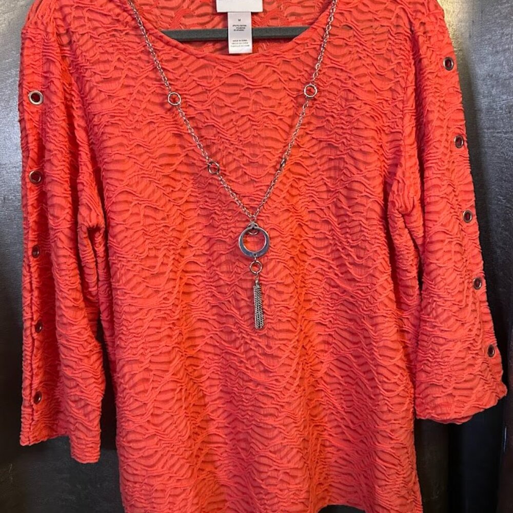 Alfred Dunner Orange Crinkled Top Blouse with necklace attached